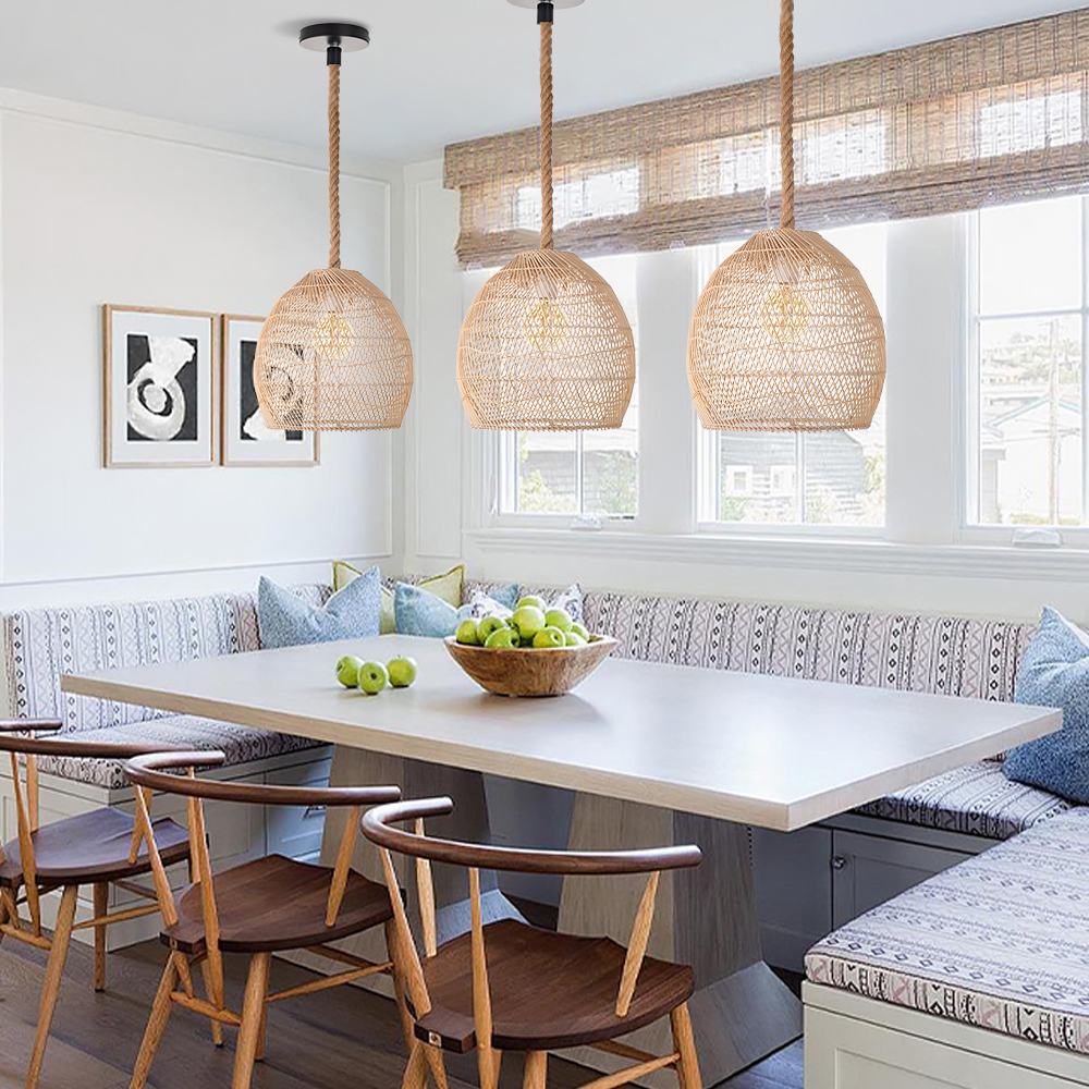 Japandi Rattan Lampshade Hand Wicker Chandelier for Kitchen Dining Room