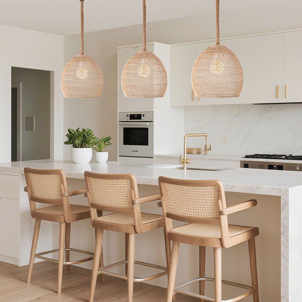 Japandi Rattan Lampshade Hand Wicker Chandelier for Kitchen Dining Room