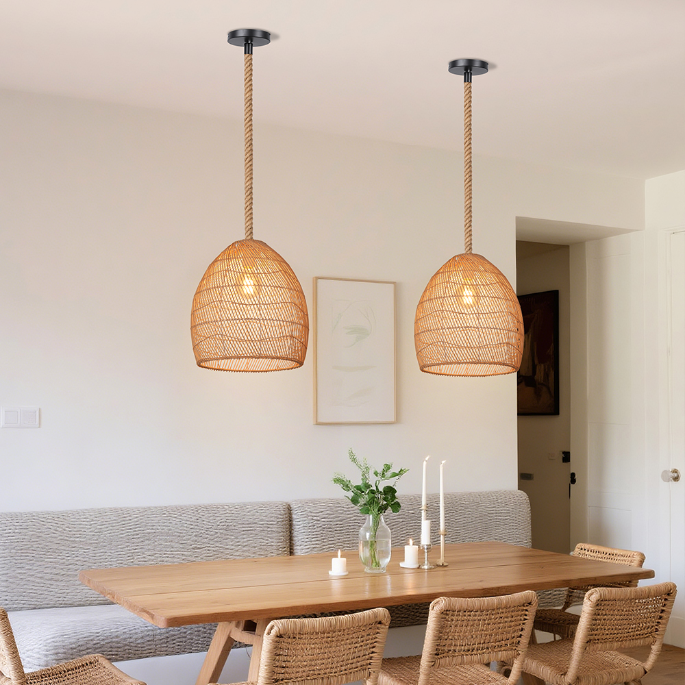 Japandi Rattan Lampshade Hand Wicker Chandelier for Kitchen Dining Room