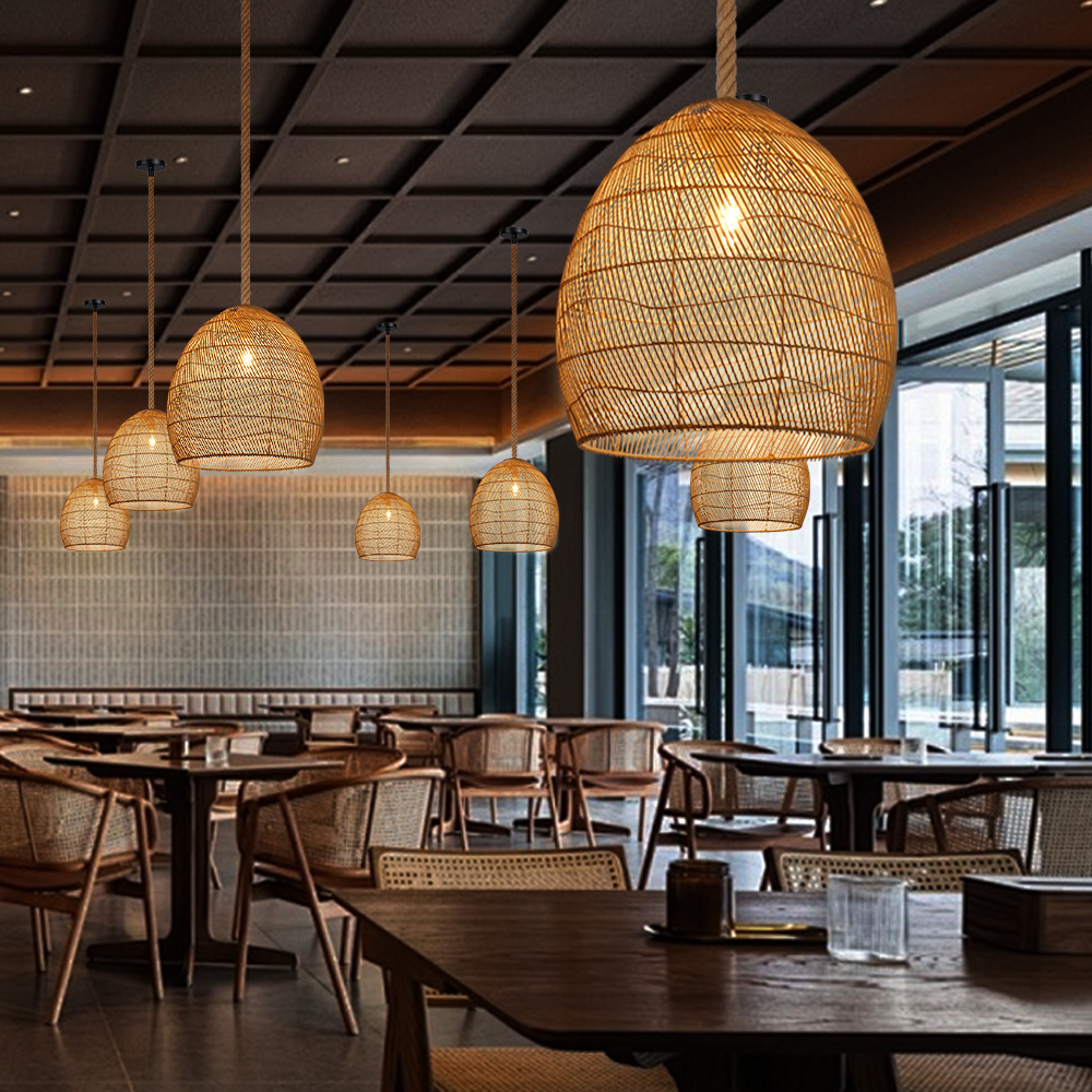 Japandi Rattan Lampshade Hand Wicker Chandelier for Kitchen Dining Room