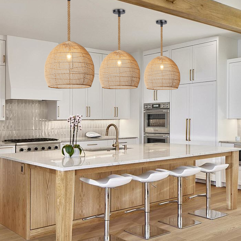 Japandi Rattan Lampshade Hand Wicker Chandelier for Kitchen Dining Room