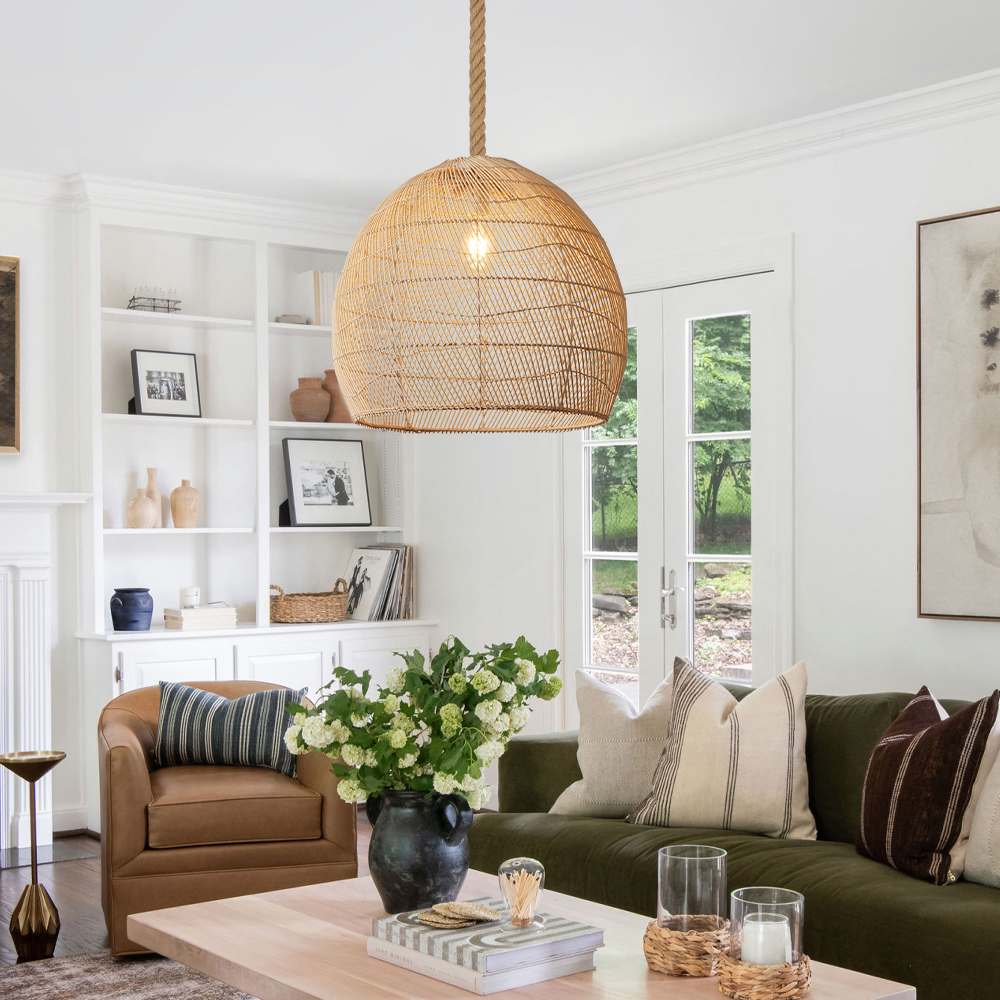 Japandi Rattan Lampshade Hand Wicker Chandelier for Kitchen Dining Room