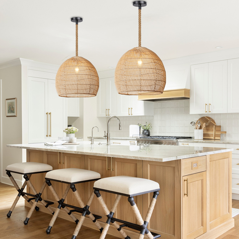 Japandi Rattan Lampshade Hand Wicker Chandelier for Kitchen Dining Room