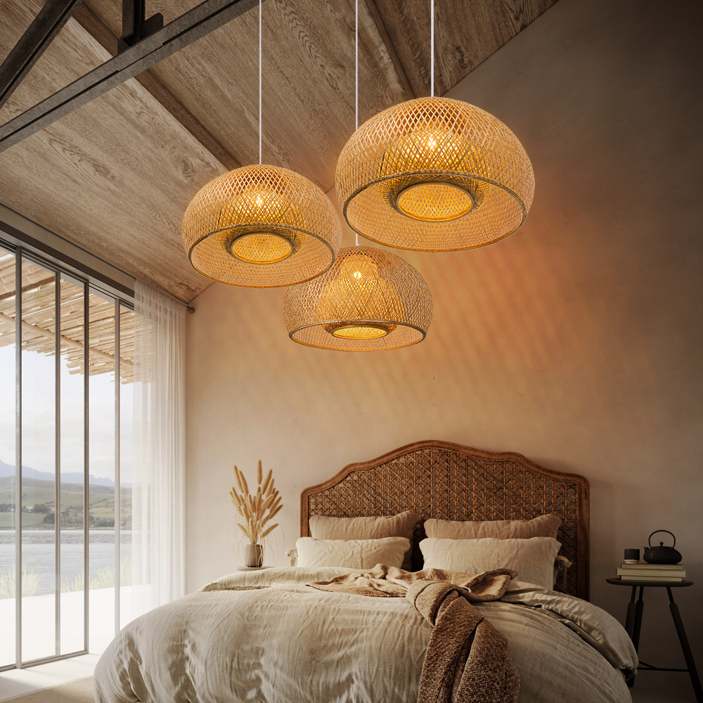 2 Layer Bamboo Pendant Light Shades Restaurant Dining Room Decor Chandeliers