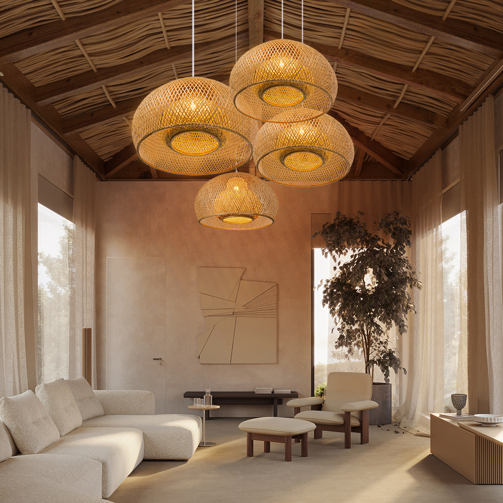 2 Layer Bamboo Pendant Light Shades Restaurant Dining Room Decor Chandeliers