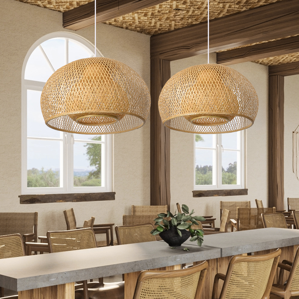2 Layer Bamboo Pendant Light Shades Restaurant Dining Room Decor Chandeliers