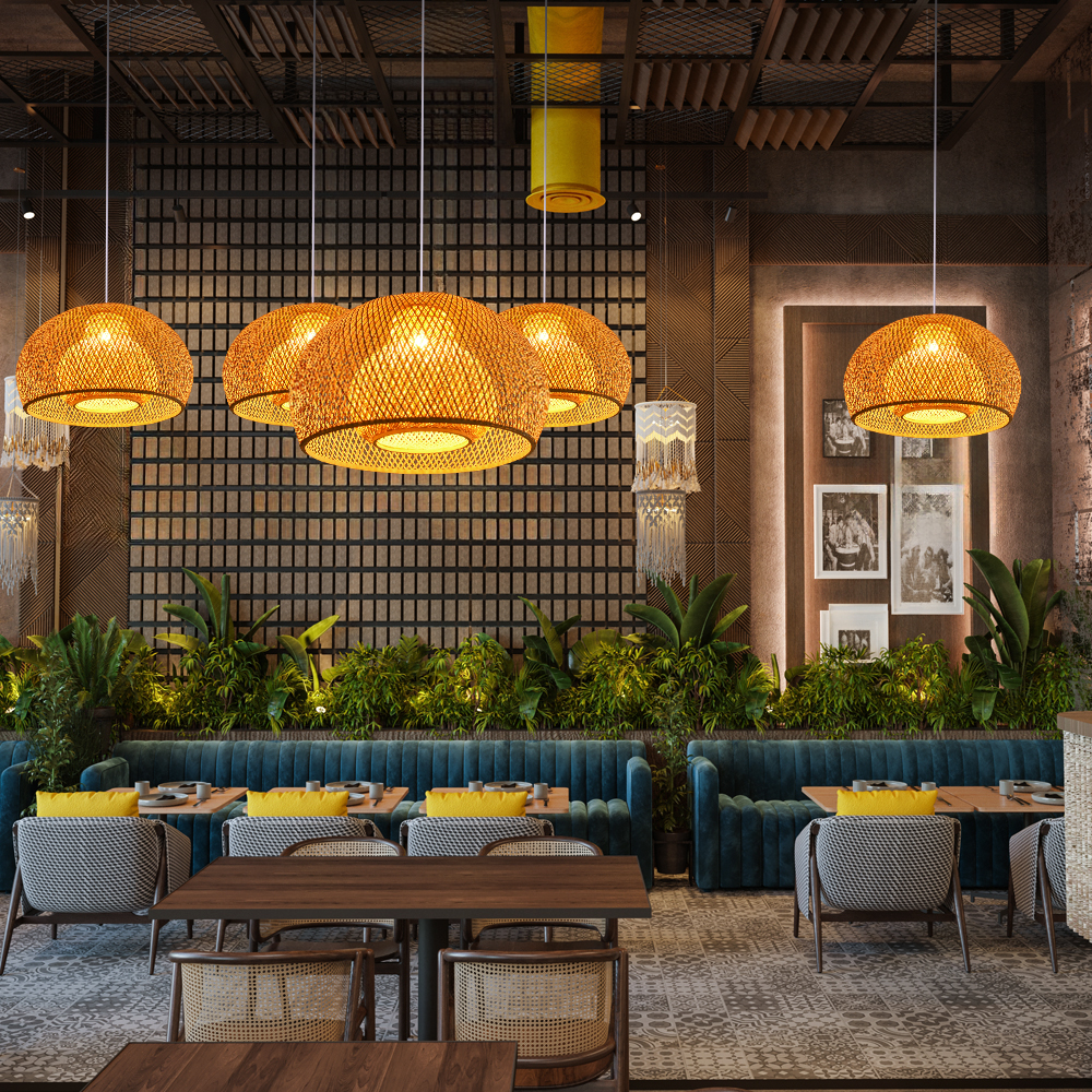 2 Layer Bamboo Pendant Light Shades Restaurant Dining Room Decor Chandeliers