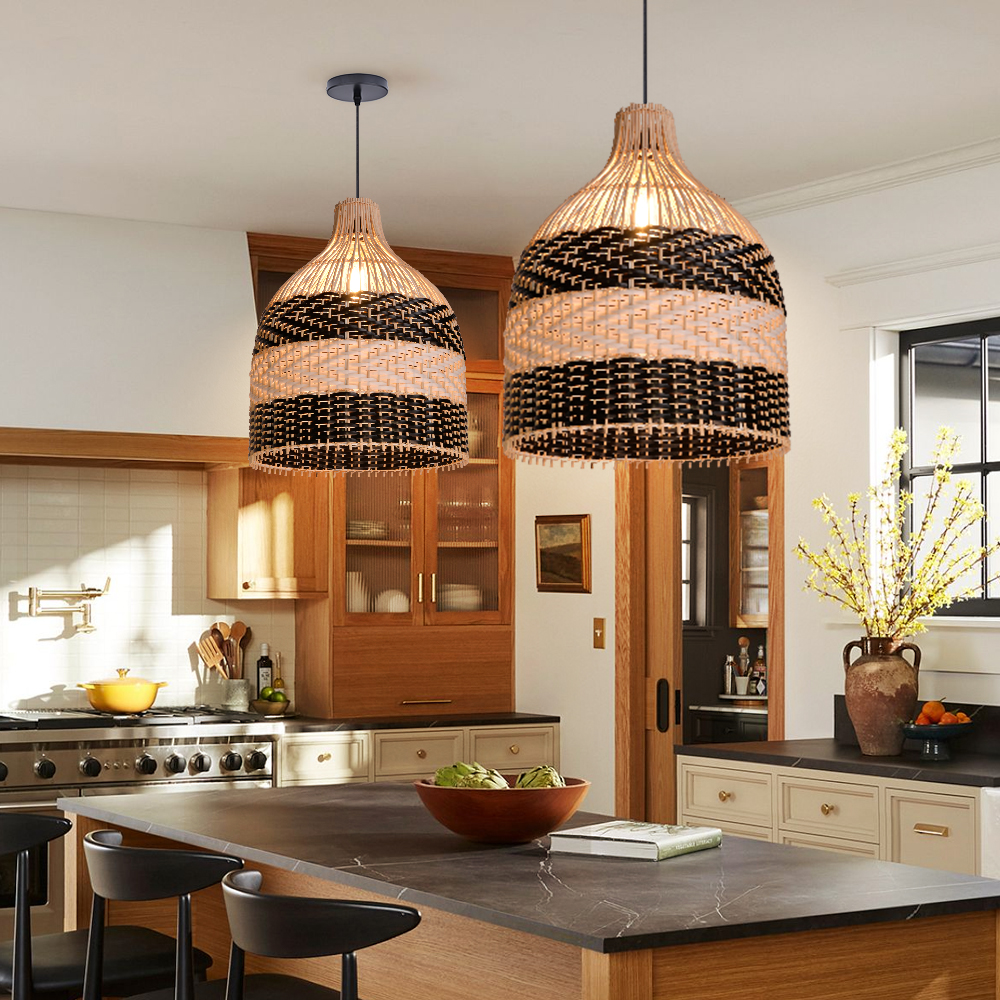 Popular Kitchen Island Decor Pendant Lamp Black White Rattan Lampshade