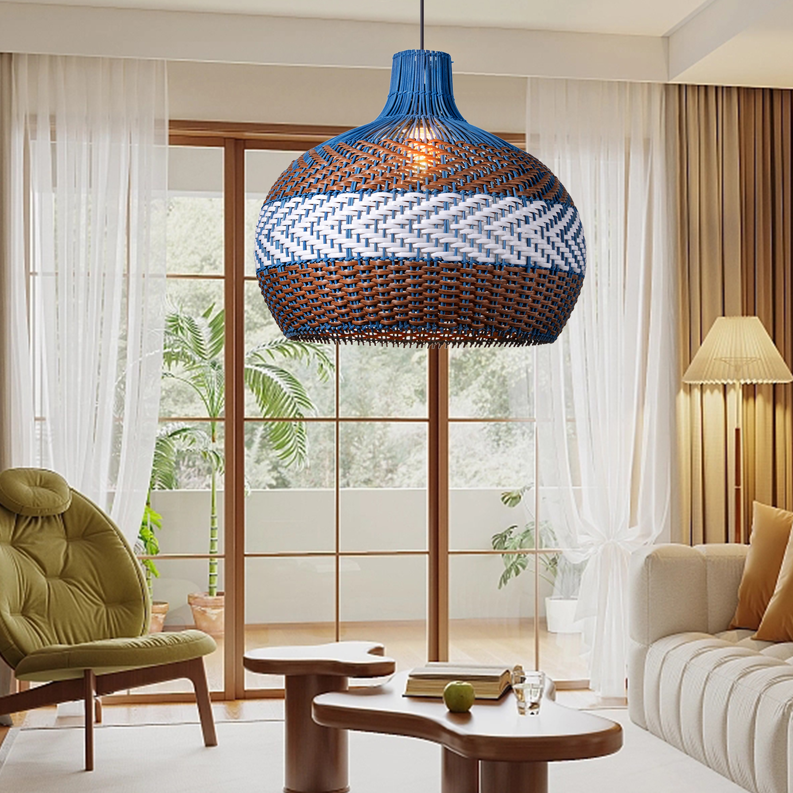 Royal Dark Blue Rattan Wicker Pendant Lights for Kitchen