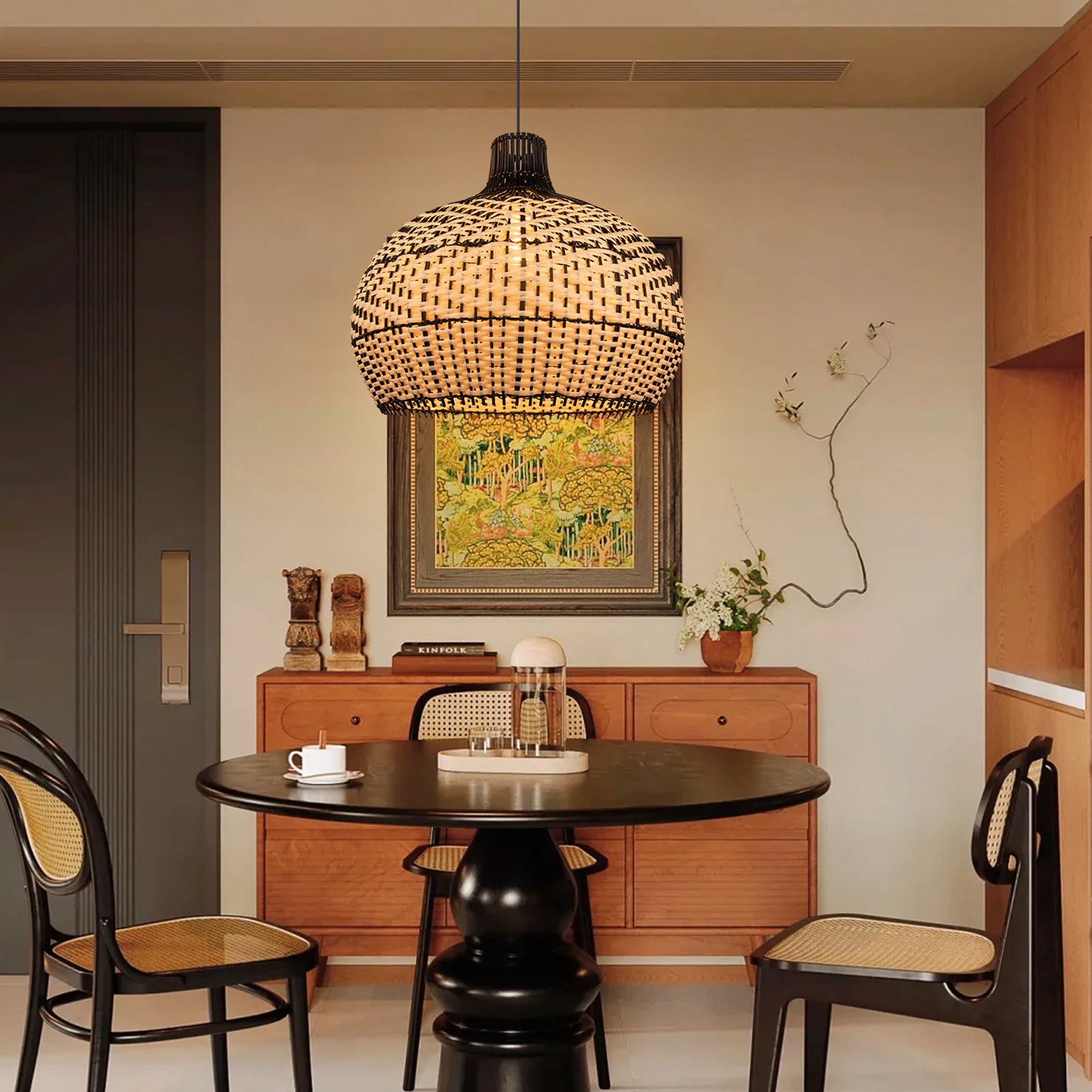 Coastal Farmhouse Dome Rattan Pendant Light Boho Basket Weaving Lighting Fixture for Dining Room