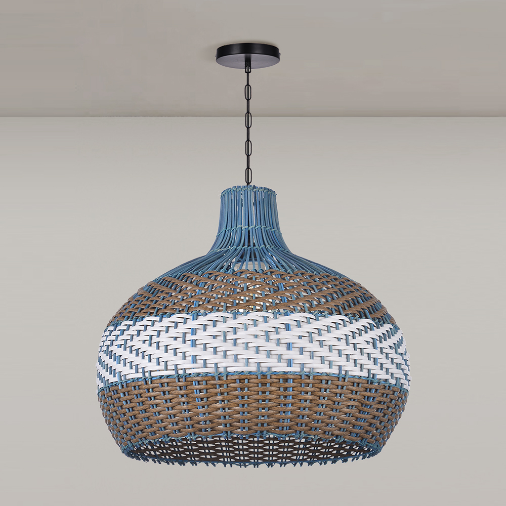 Coastal Light Blue Rattan Pendant Light Round Lamp Wicker Chandelier