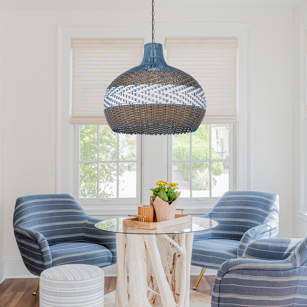 Coastal Light Blue Rattan Pendant Light Round Lamp Wicker Chandelier