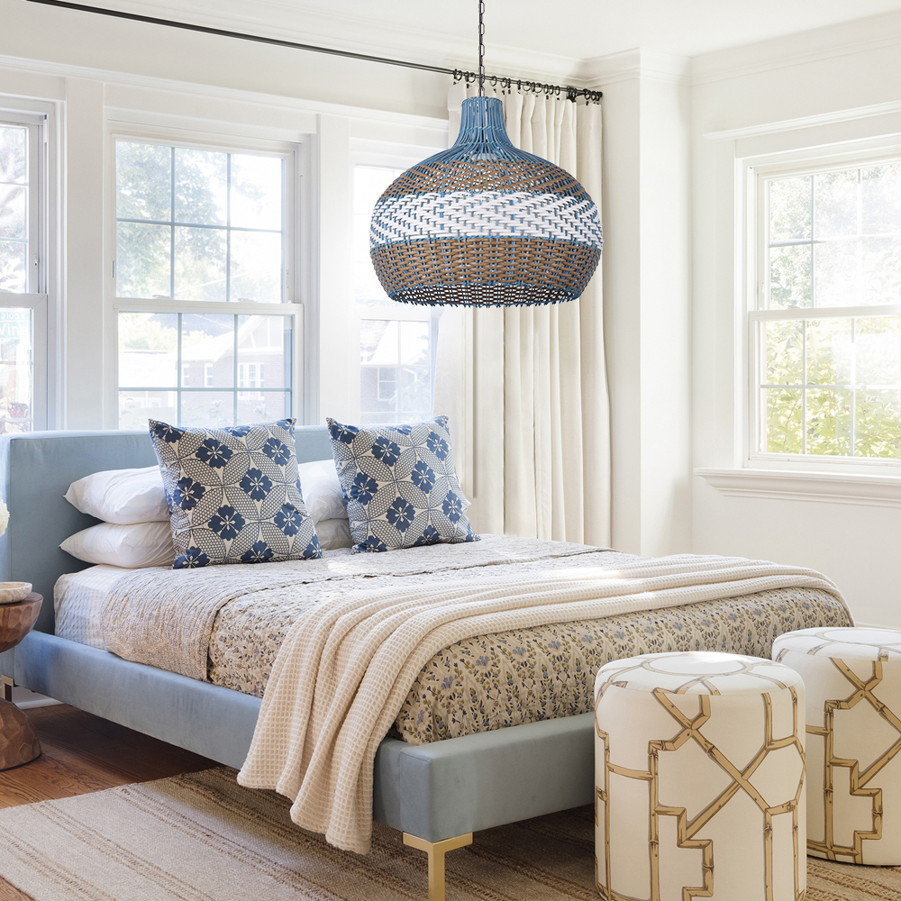 Coastal Light Blue Rattan Pendant Light Round Lamp Wicker Chandelier