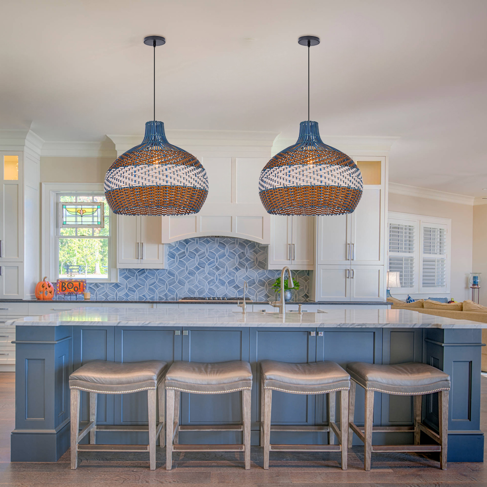 Coastal Light Blue Rattan Pendant Light Round Lamp Wicker Chandelier