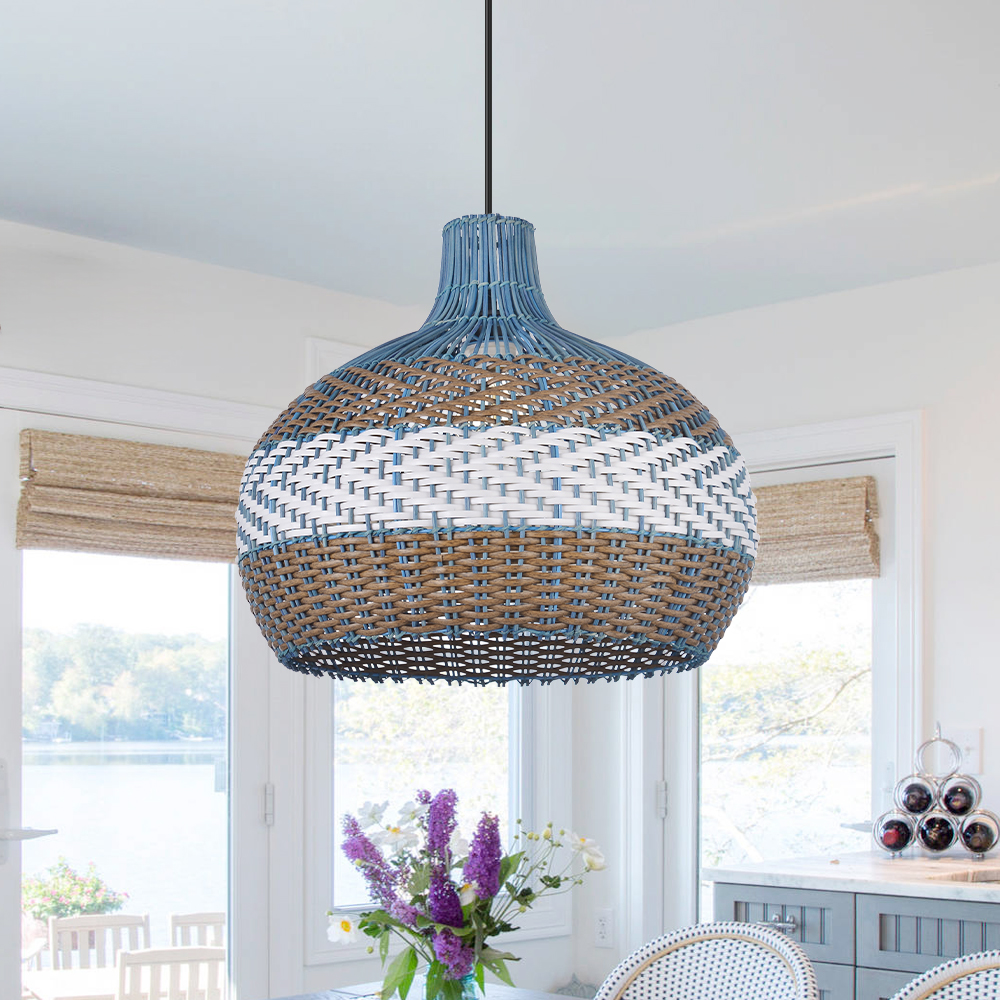 Coastal Light Blue Rattan Pendant Light Round Lamp Wicker Chandelier
