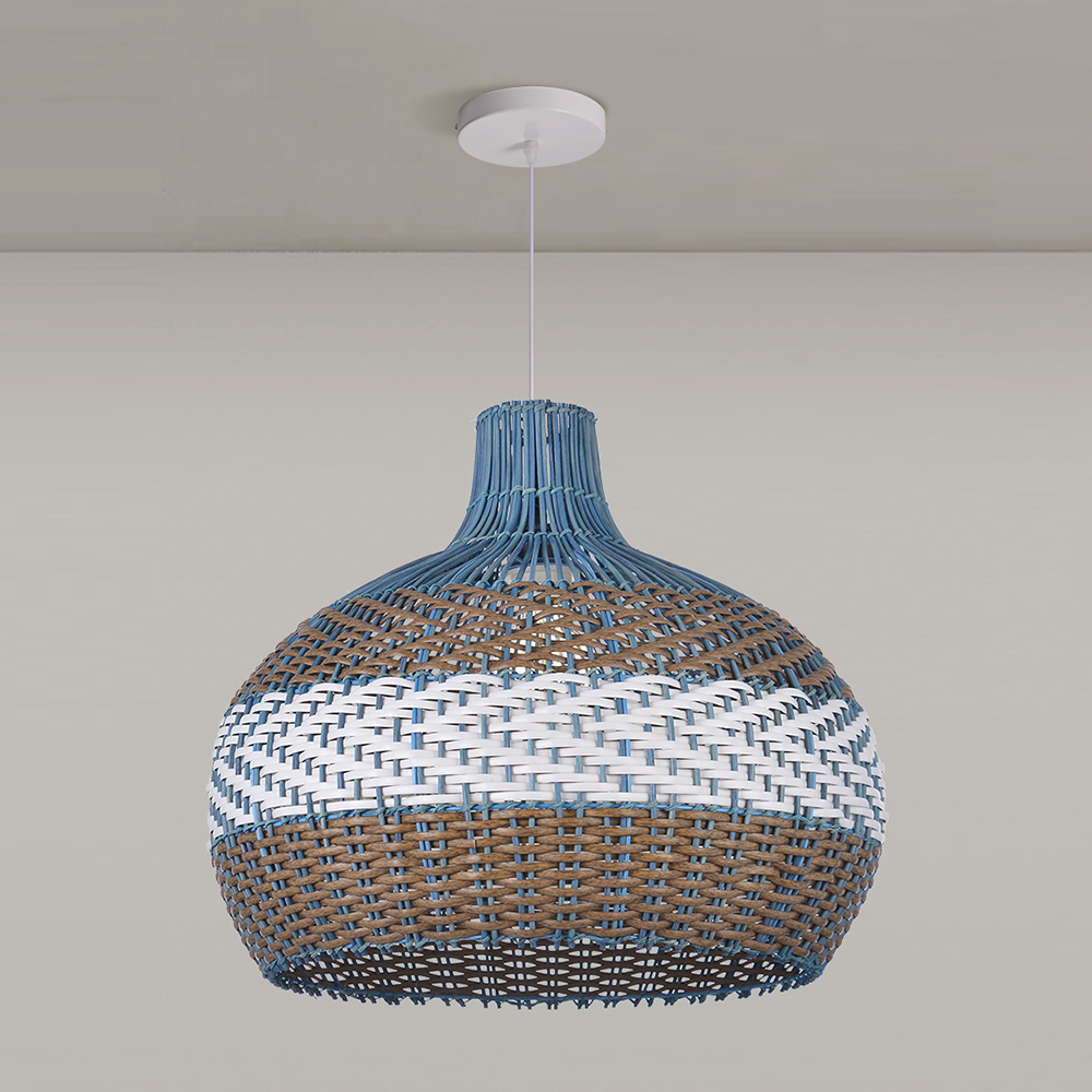Coastal Light Blue Rattan Pendant Light Round Lamp Wicker Chandelier