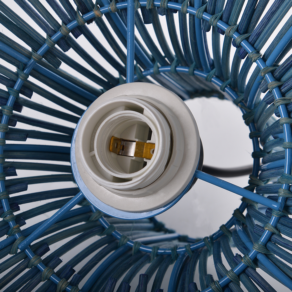 Coastal Light Blue Rattan Pendant Light Round Lamp Wicker Chandelier