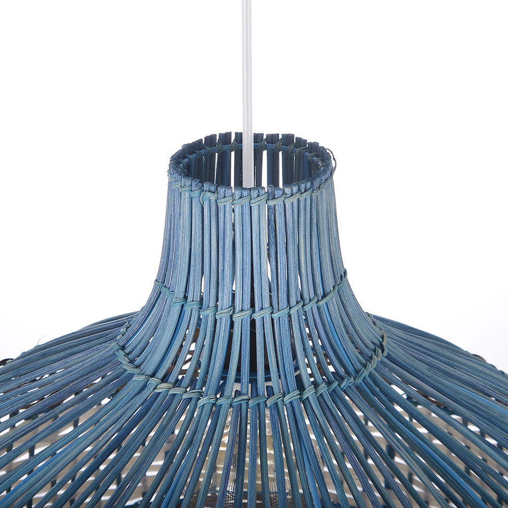 Coastal Light Blue Rattan Pendant Light Round Lamp Wicker Chandelier