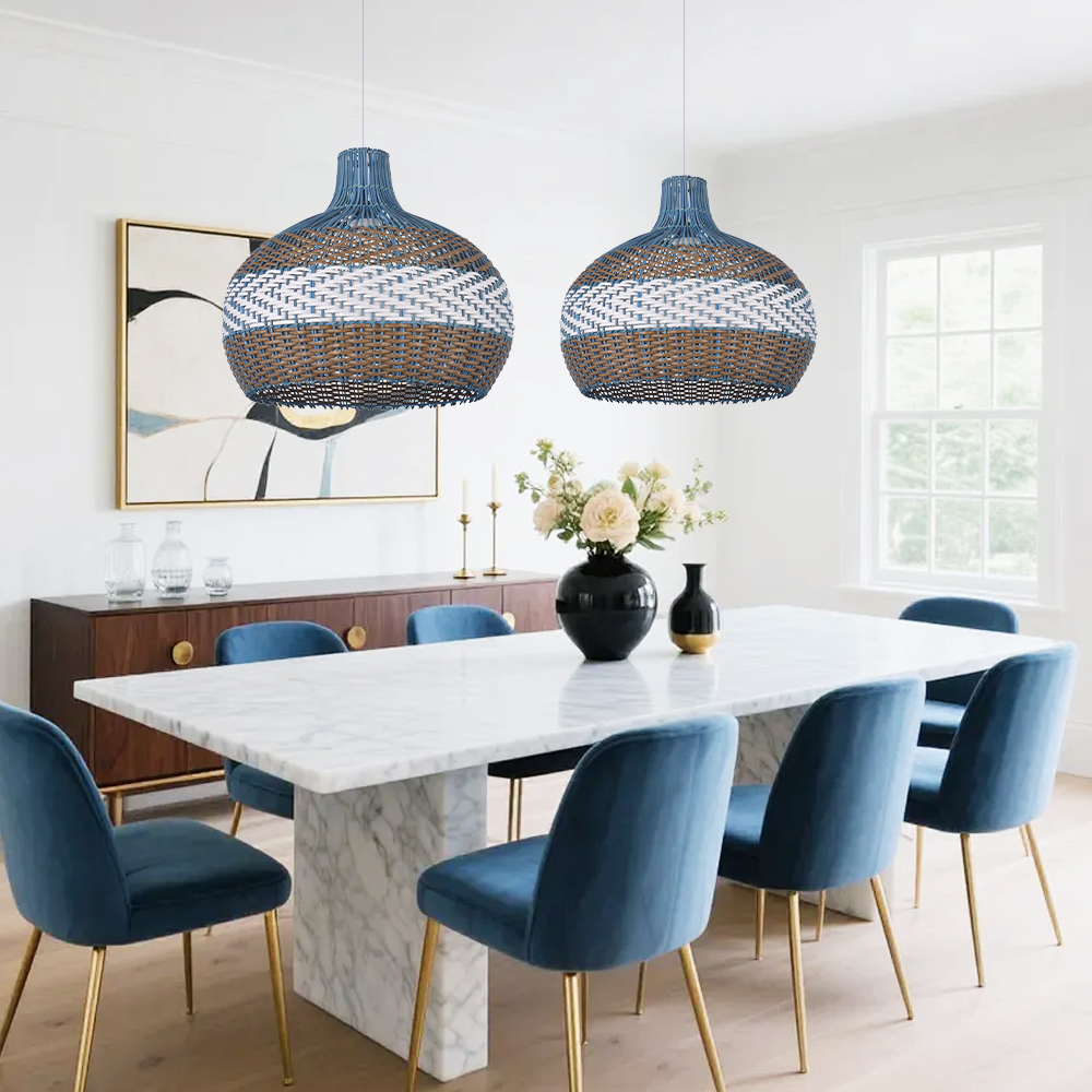 Coastal Light Blue Rattan Pendant Light Round Lamp Wicker Chandelier