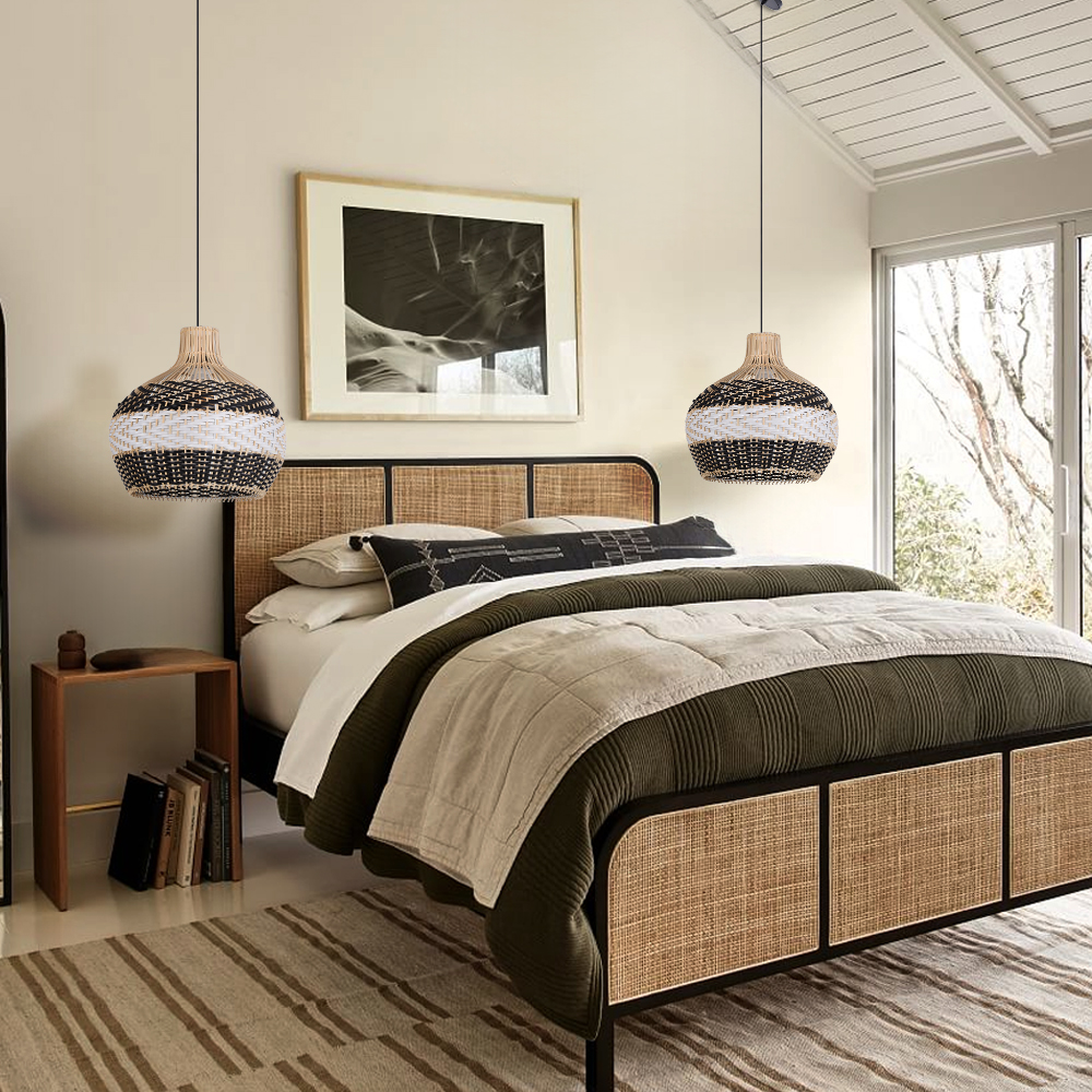 Modern Woven Black Rattan Pendant Light Over Dining Table Handmade Hanging Lamp