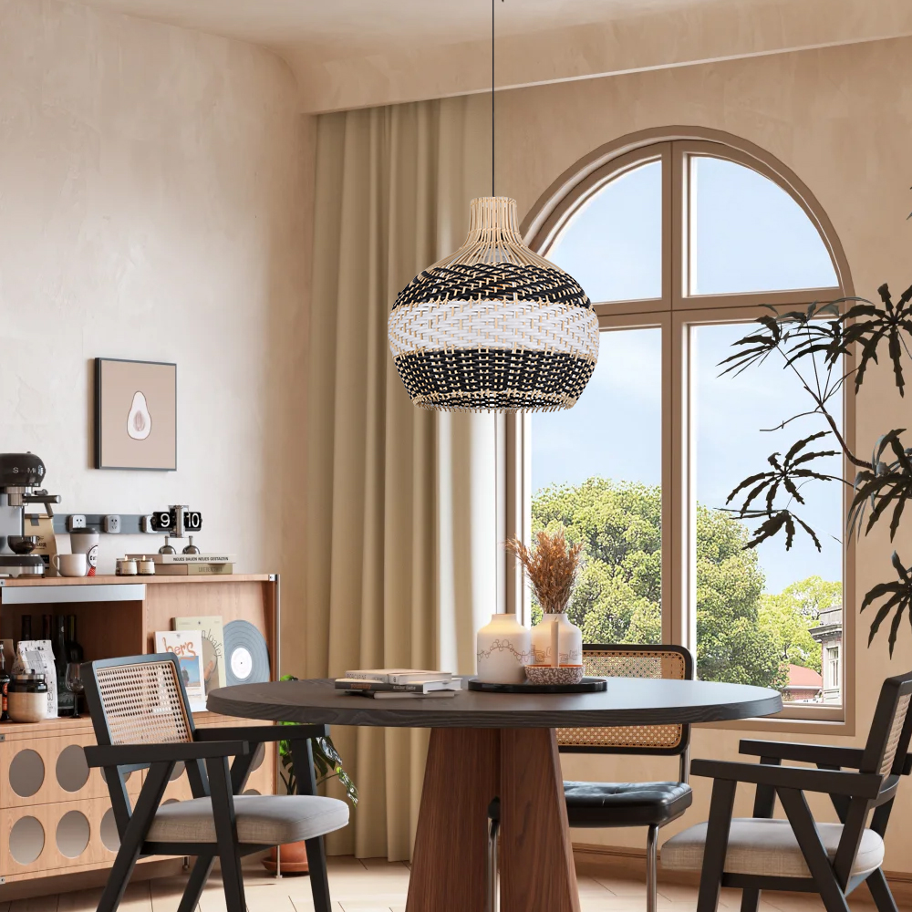 Modern Woven Black Rattan Pendant Light Over Dining Table Handmade Hanging Lamp