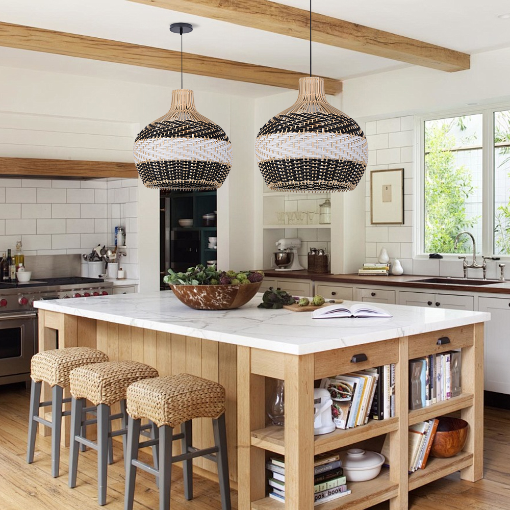 Modern Woven Black Rattan Pendant Light Over Dining Table Handmade Hanging Lamp