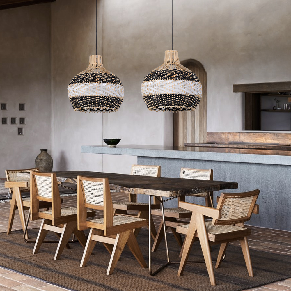 Modern Woven Black Rattan Pendant Light Over Dining Table Handmade Hanging Lamp