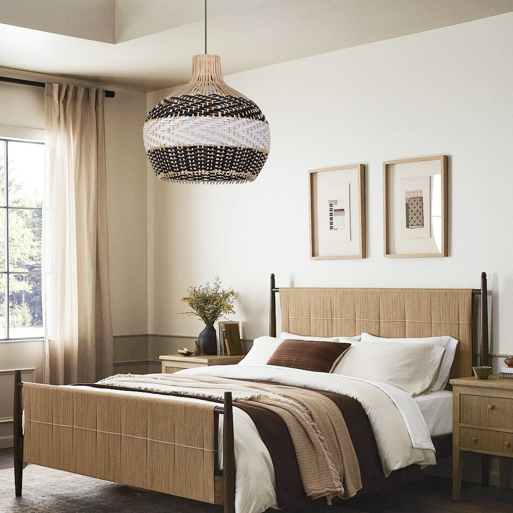 Modern Woven Black Rattan Pendant Light Over Dining Table Handmade Hanging Lamp