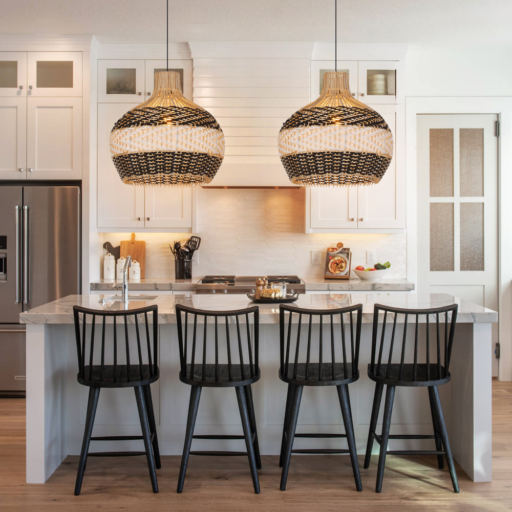 Modern Woven Black Rattan Pendant Light Over Dining Table Handmade Hanging Lamp