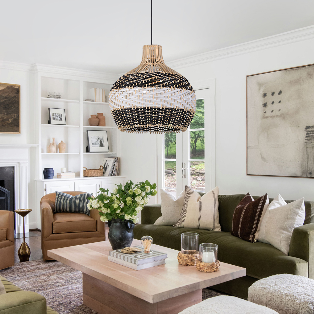 Modern Woven Black Rattan Pendant Light Over Dining Table Handmade Hanging Lamp