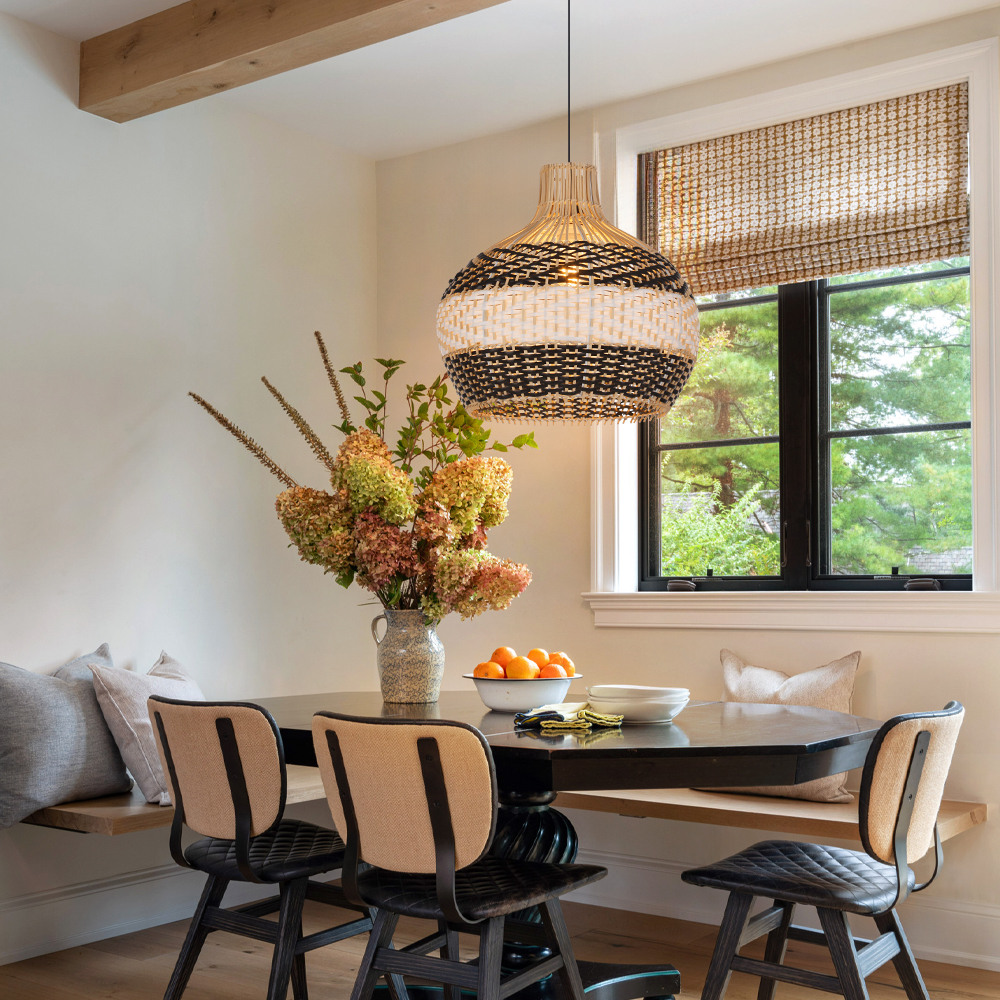 Modern Woven Black Rattan Pendant Light Over Dining Table Handmade Hanging Lamp