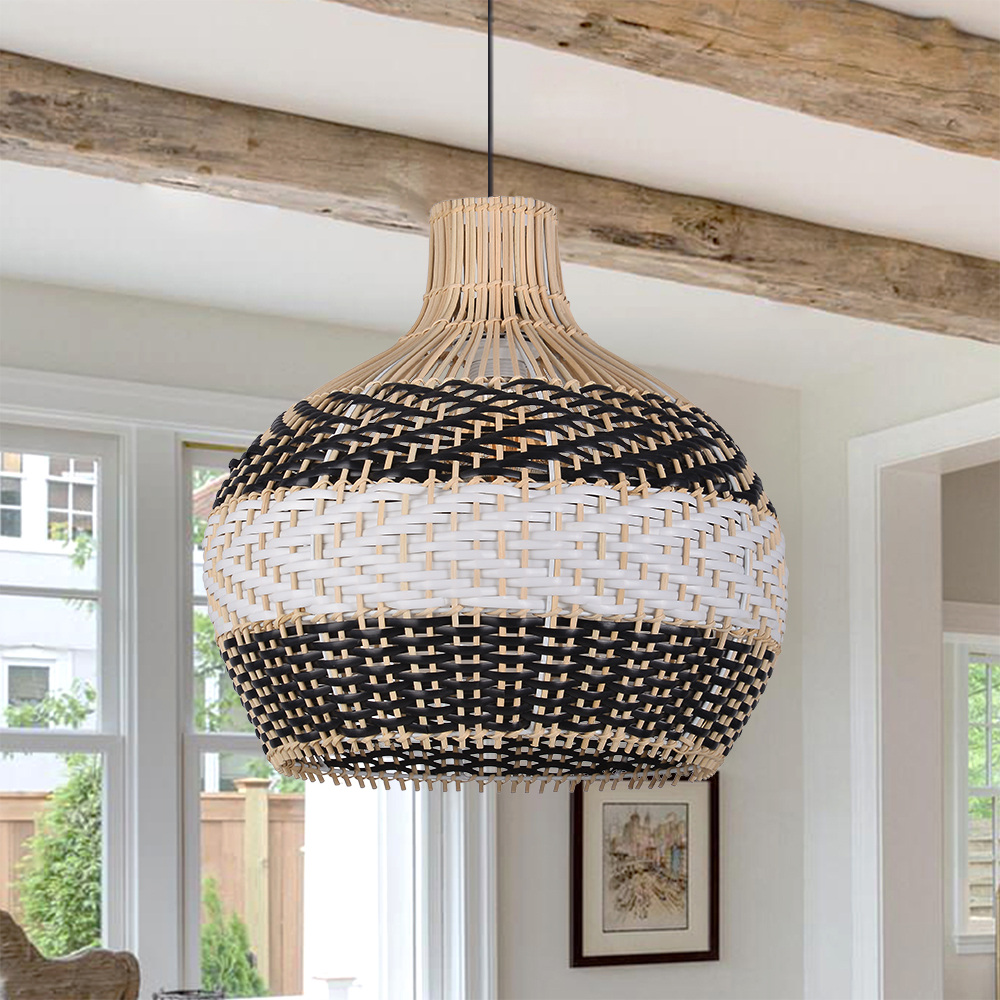 Modern Woven Black Rattan Pendant Light Over Dining Table Handmade Hanging Lamp