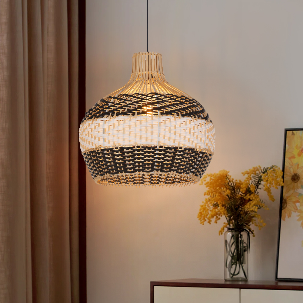 Modern Woven Black Rattan Pendant Light Over Dining Table Handmade Hanging Lamp