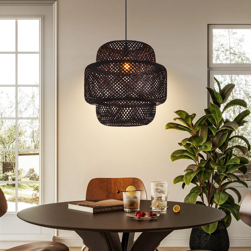 Dinner Table Lighting Bamboo Black Rustic Rattan Pendant Light for Bedroom