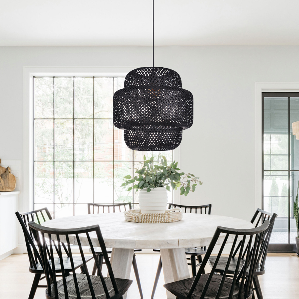 Dinner Table Lighting Bamboo Black Rustic Rattan Pendant Light for Bedroom