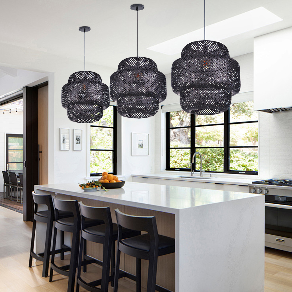 Dinner Table Lighting Bamboo Black Rustic Rattan Pendant Light for Bedroom