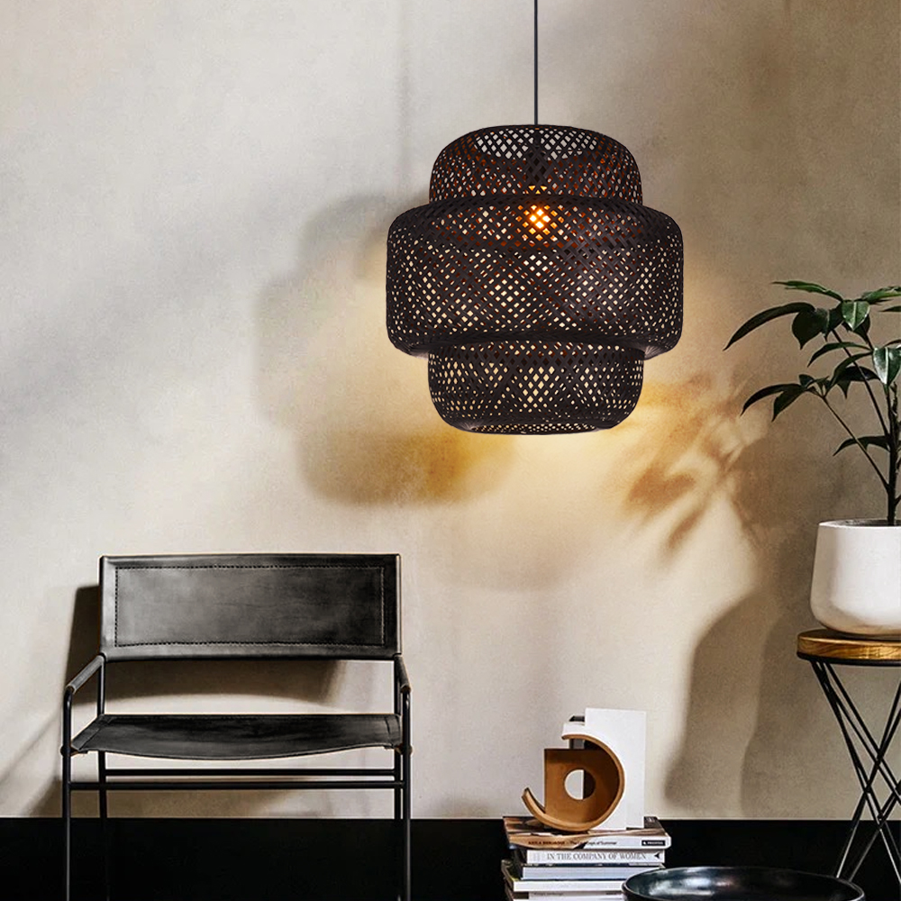 Dinner Table Lighting Bamboo Black Rustic Rattan Pendant Light for Bedroom