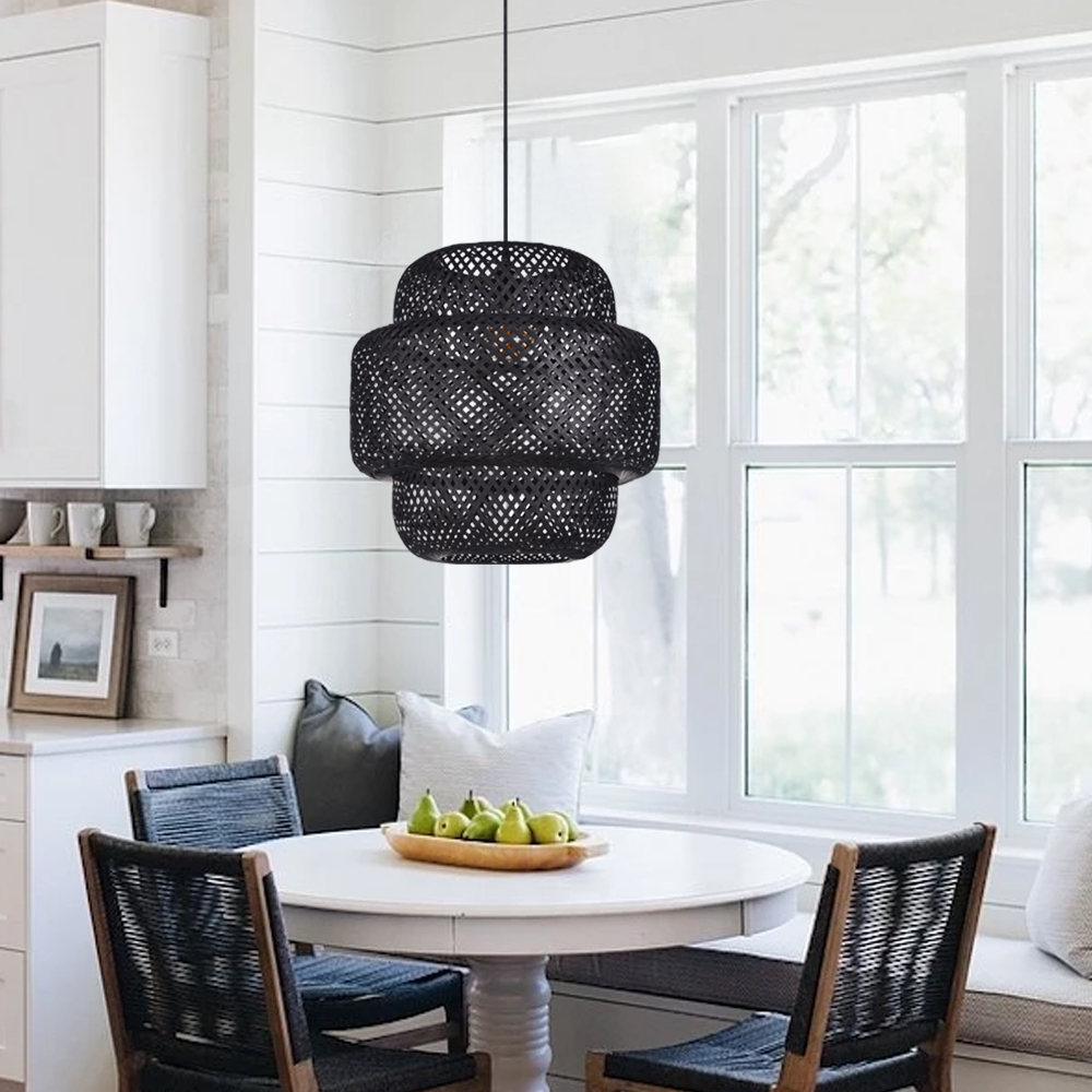 Dinner Table Lighting Bamboo Black Rustic Rattan Pendant Light for Bedroom