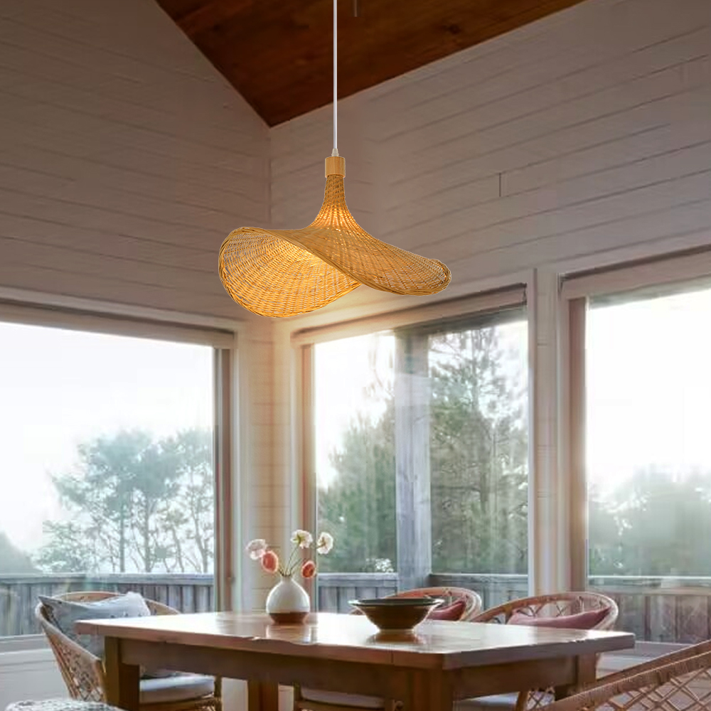 Artistic Bamboo Hanging Lamp Living Room Decorative Straw Hat Pendant Chandelier