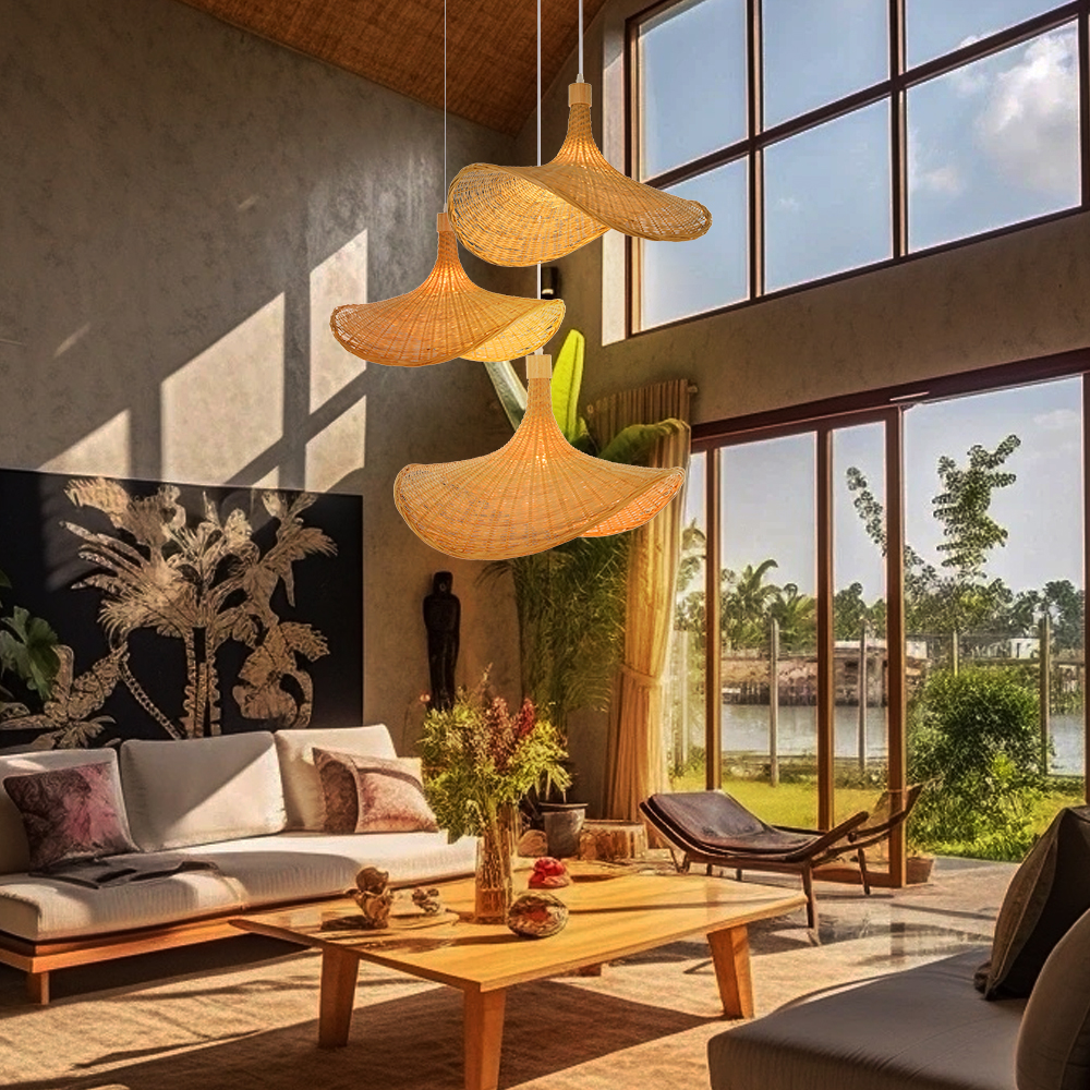 Artistic Bamboo Hanging Lamp Living Room Decorative Straw Hat Pendant Chandelier