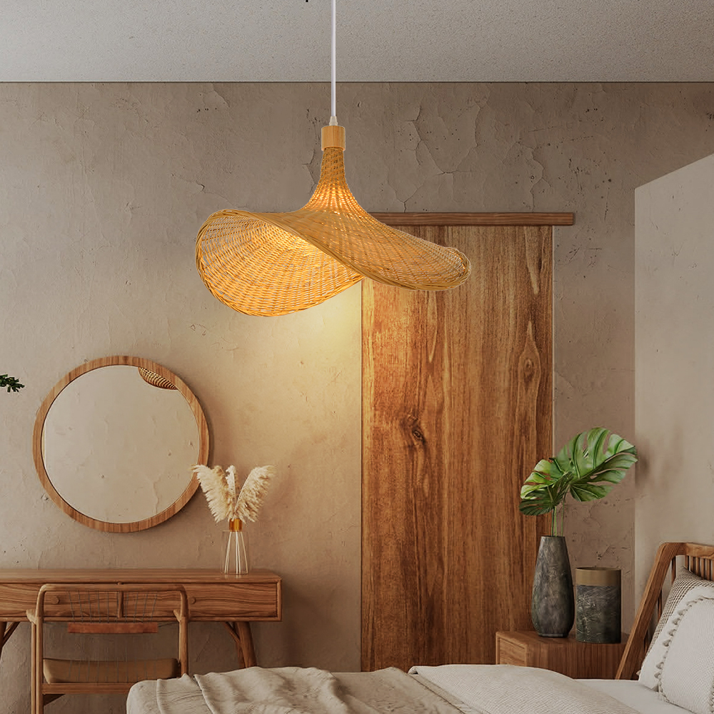 Artistic Bamboo Hanging Lamp Living Room Decorative Straw Hat Pendant Chandelier