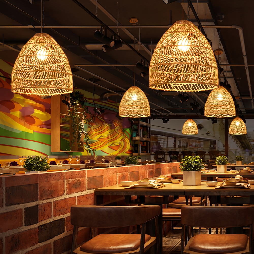 Restaurant Decor Rattan Pendant Lights Natural Color Handmade Lamps