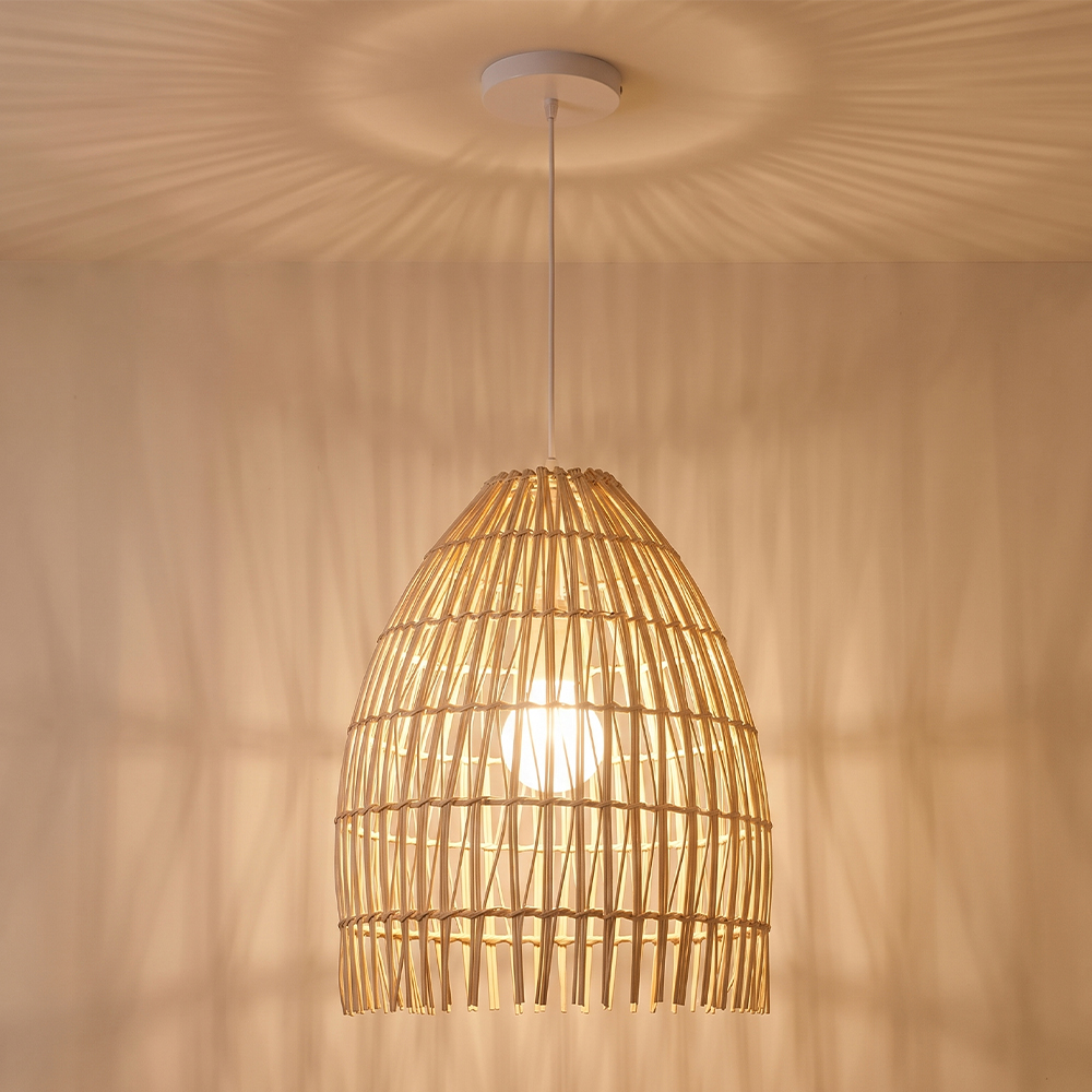 Handwoven Organic Rattan Pendant Lamp Natural Lighting Over Dining Table