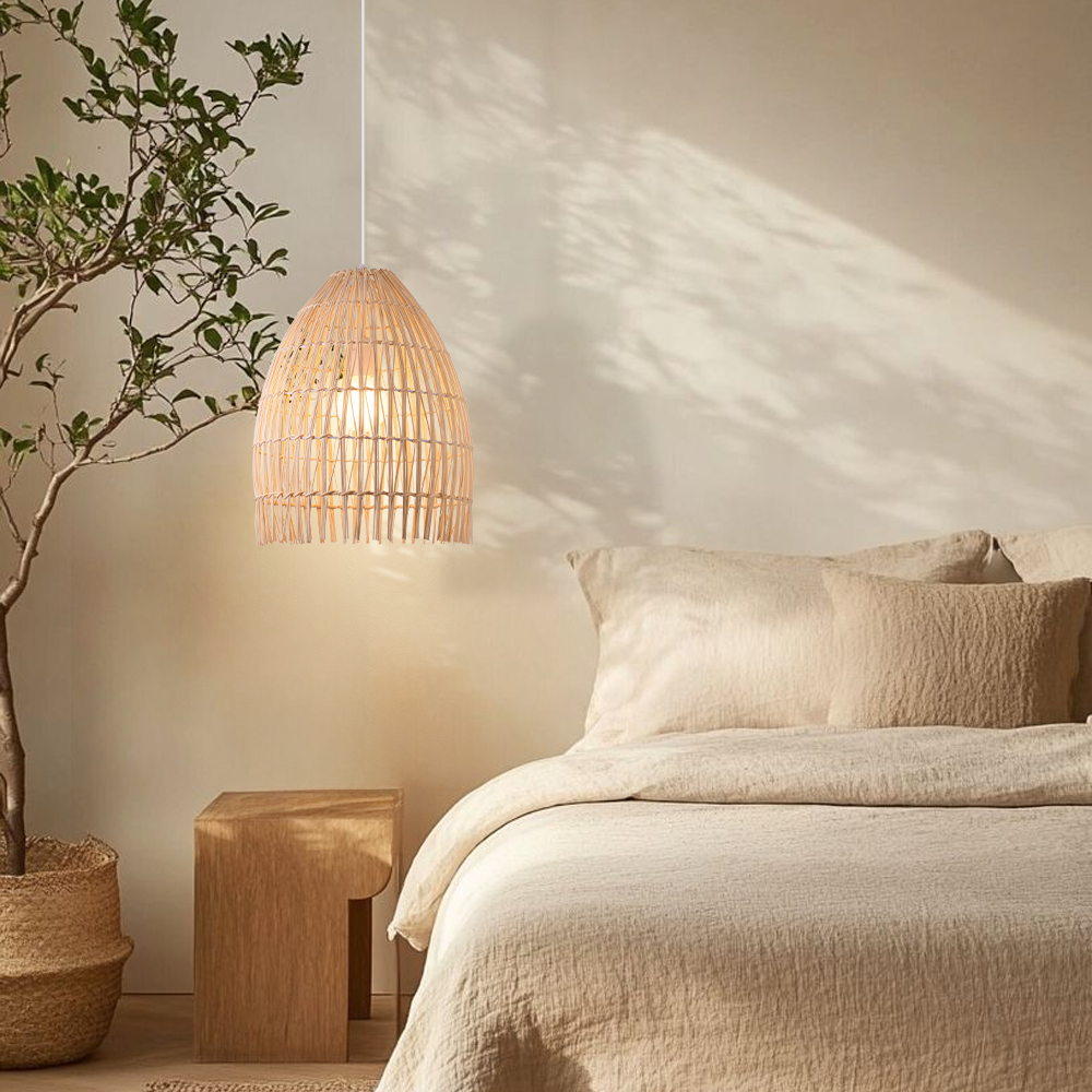 Handwoven Organic Rattan Pendant Lamp Natural Lighting Over Dining Table
