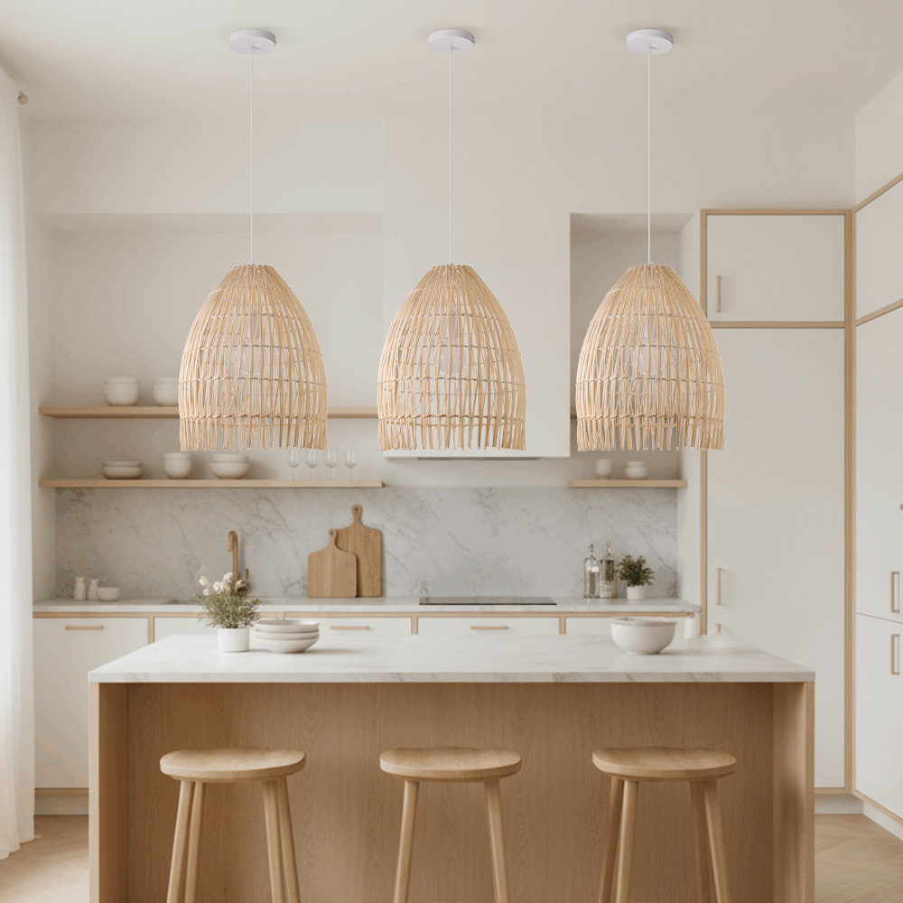 Handwoven Organic Rattan Pendant Lamp Natural Lighting Over Dining Table