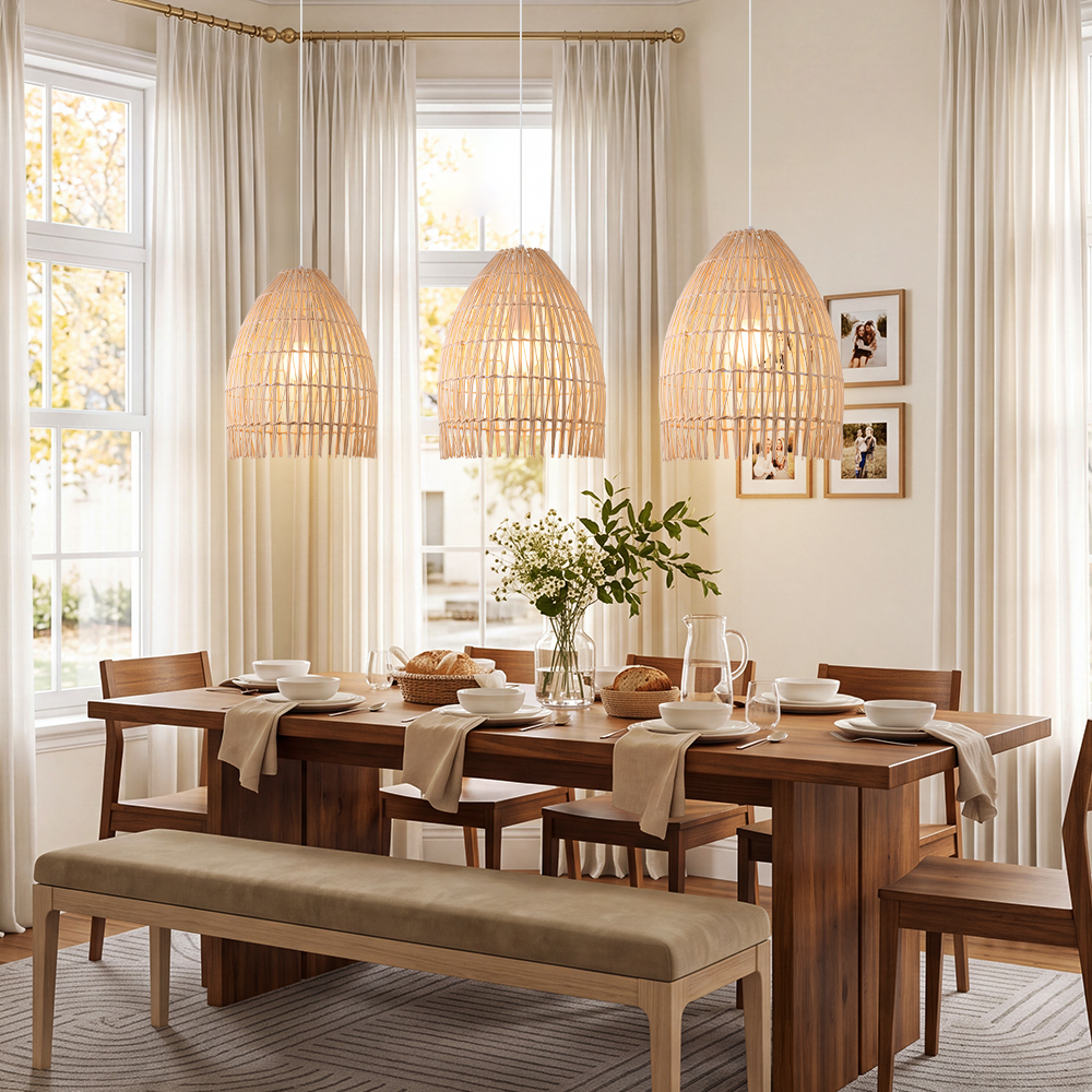 Handwoven Organic Rattan Pendant Lamp Natural Lighting Over Dining Table