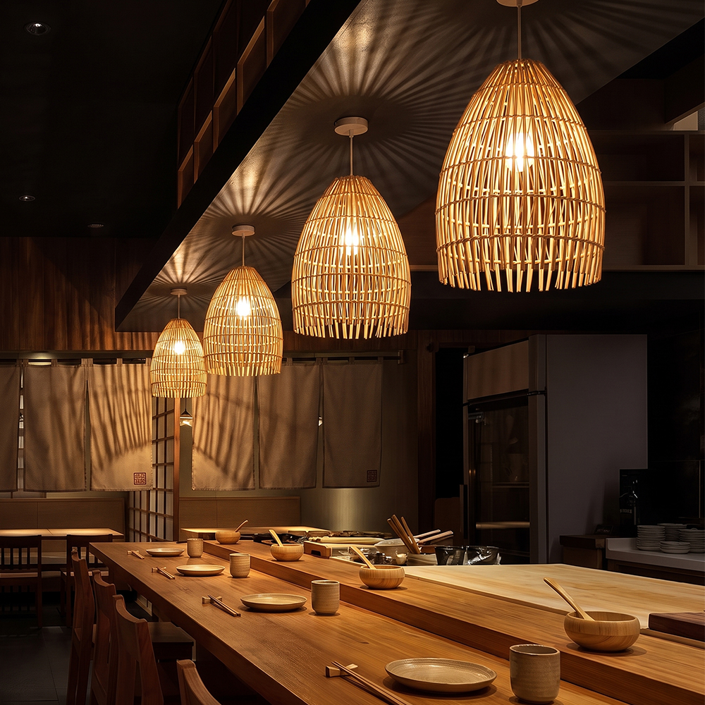 Handwoven Organic Rattan Pendant Lamp Natural Lighting Over Dining Table