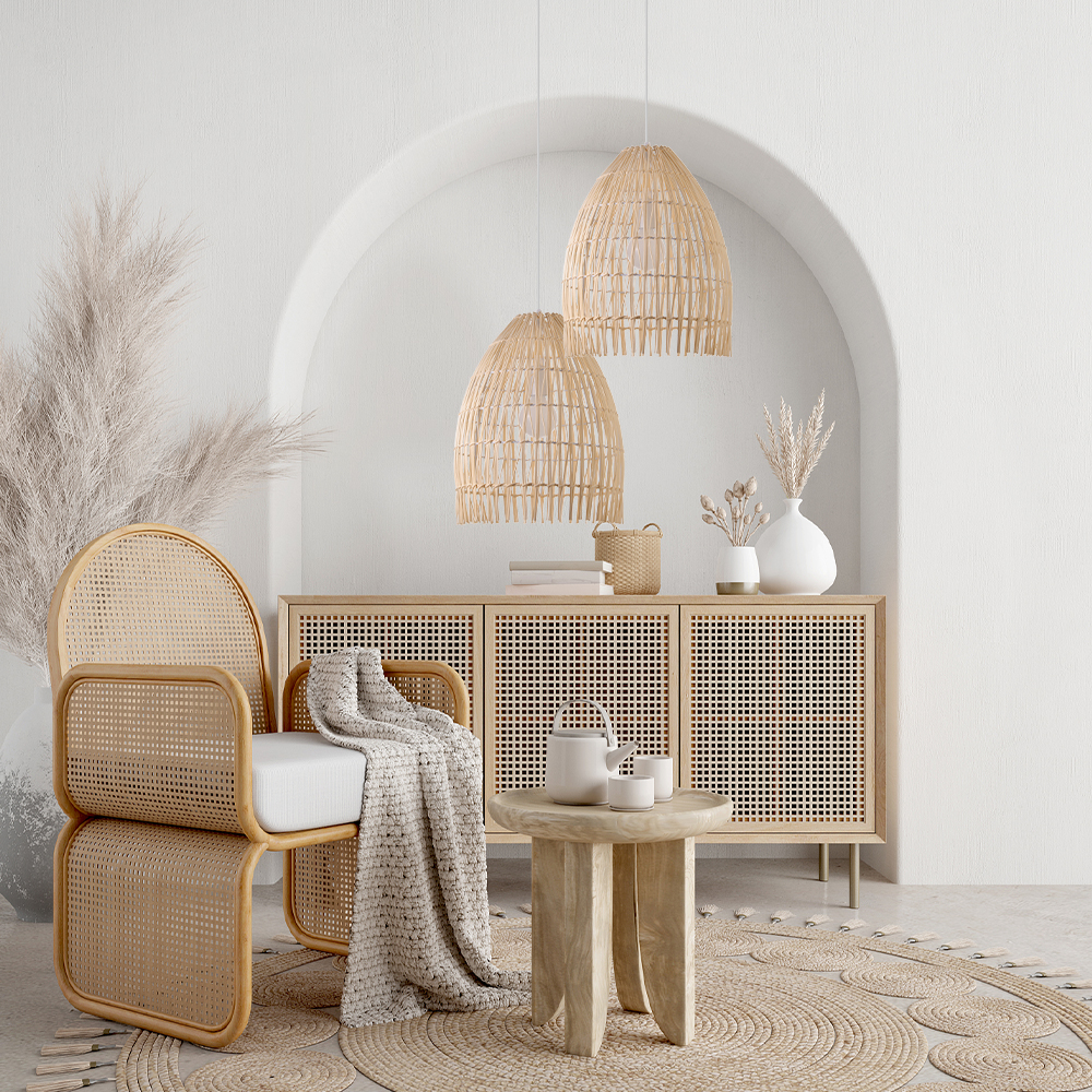 Handwoven Organic Rattan Pendant Lamp Natural Lighting Over Dining Table
