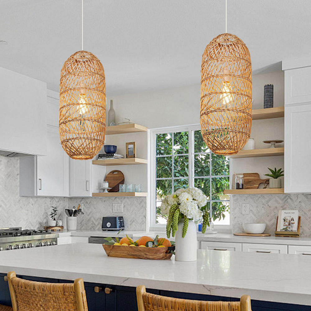 Boho Style Black Rattan Chandelier Natural Wicker Handmade Lampshade