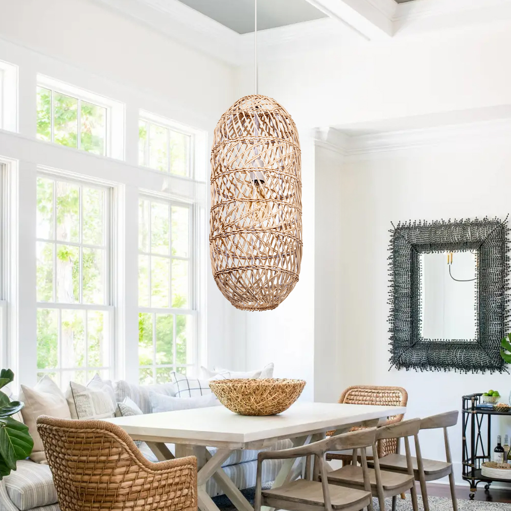 Boho Style Black Rattan Chandelier Natural Wicker Handmade Lampshade